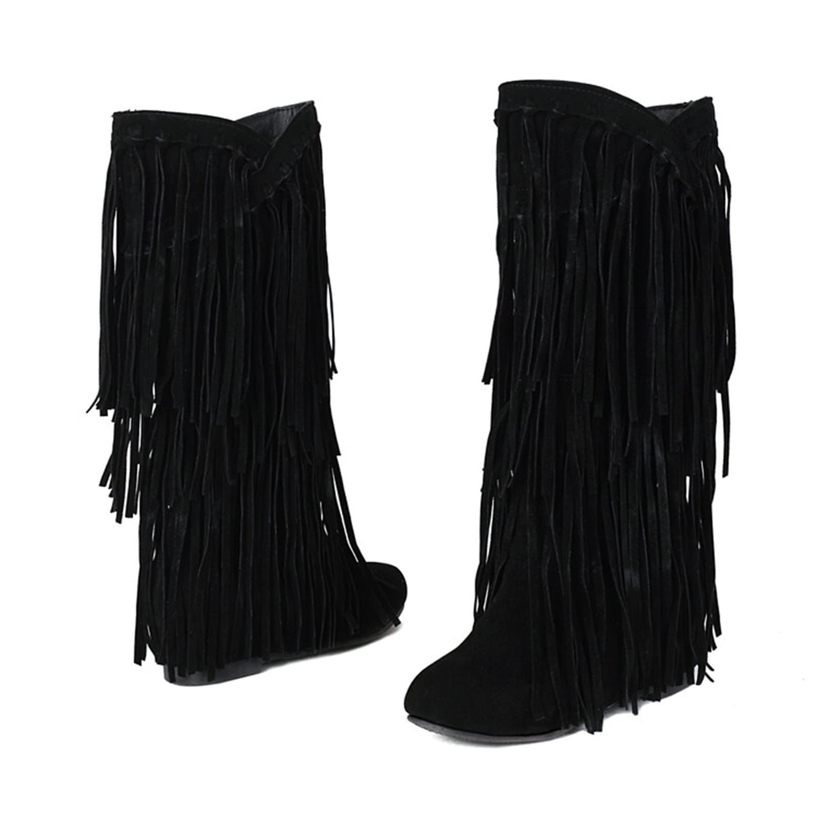 Botas de Vestir Rujer Botas de Invierno con Flecos y tacón Grueso para Mujer, Talla Grande, con realce en el Interior, Longitud Media