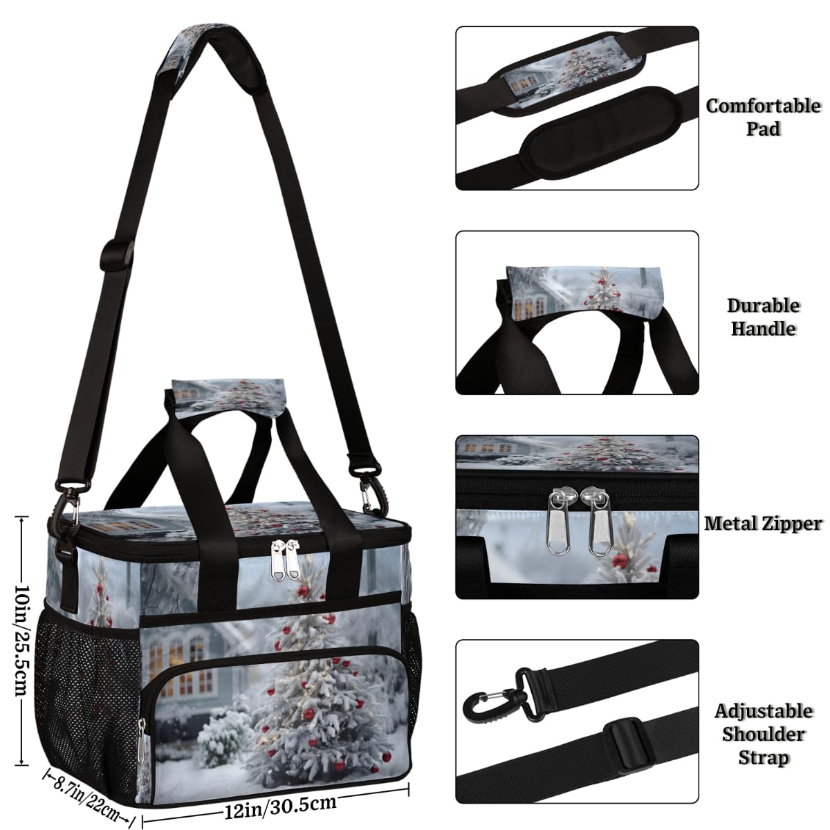 Insulated Picnic Backpack Lunch Box for Women Men Picnic Basket Tote Lunch Bag Picnic Bag Portable Lunch Bags for Picnic, Beach, Work, Trip,Office, Camp Snow Christmas Tree