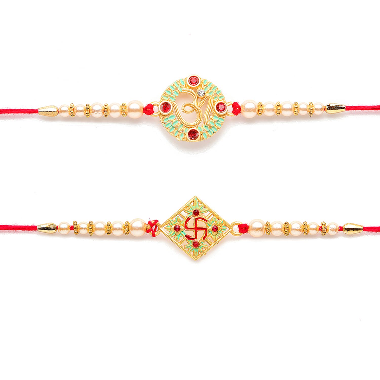 Kord Store 'Om And Swastik' Mint Green And Ruby Meenakari Thread Moti Gold Finish Rakhi Set Of 2 For Brother