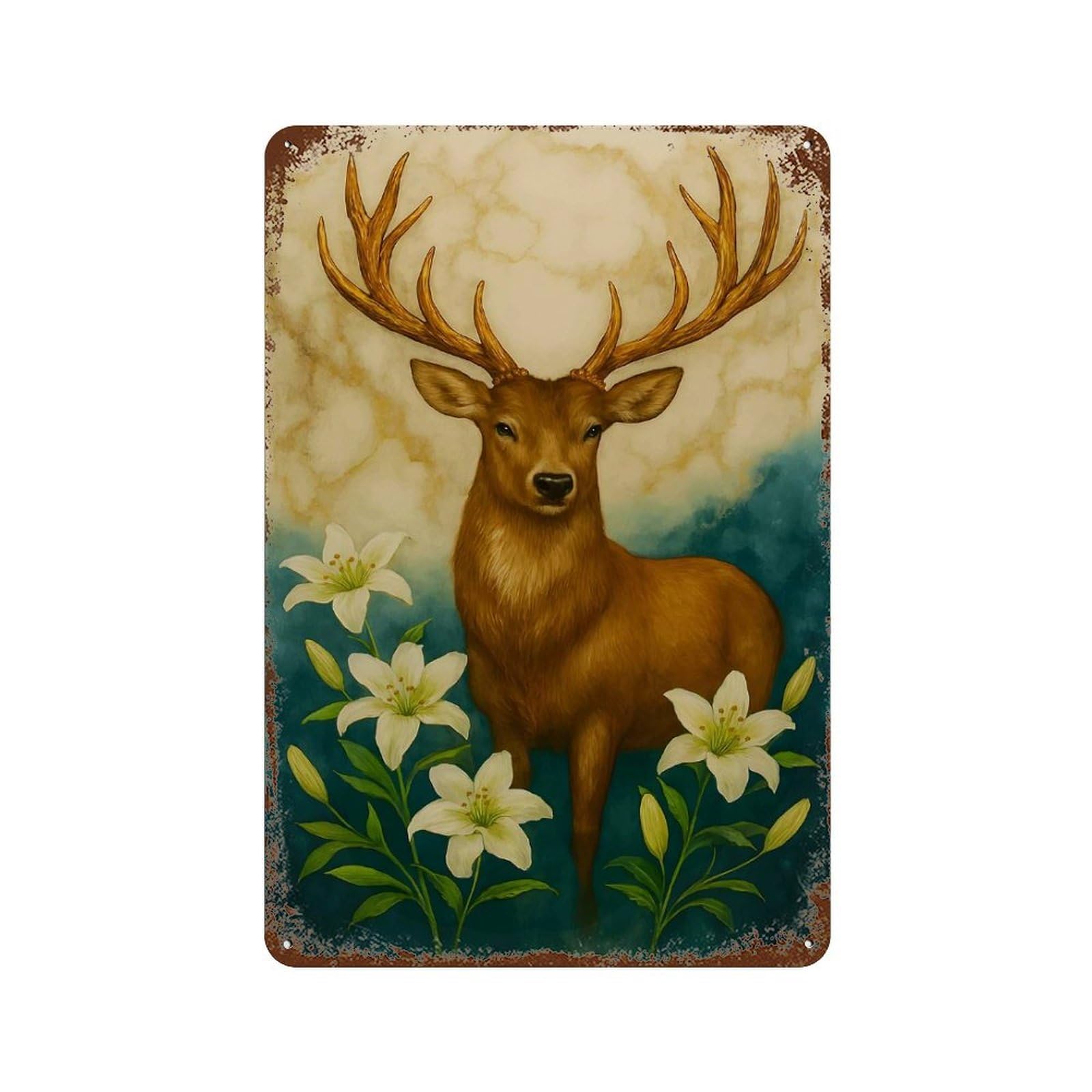 Deer with Lilies Painting Rust Effect Tin Sign 11.8"x7.9", Vintage Wall Decor for Bistro, Counter And Cafe Decor