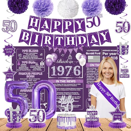 Image of Crenics Purple 50th Birthday Decorations for Women - Back in 1976 Backdrop, Banner, Swirls, Centerpieces, Sash, Paper Pom Poms, Cake Topper and Balloons for 50 Birthday Party Supplies