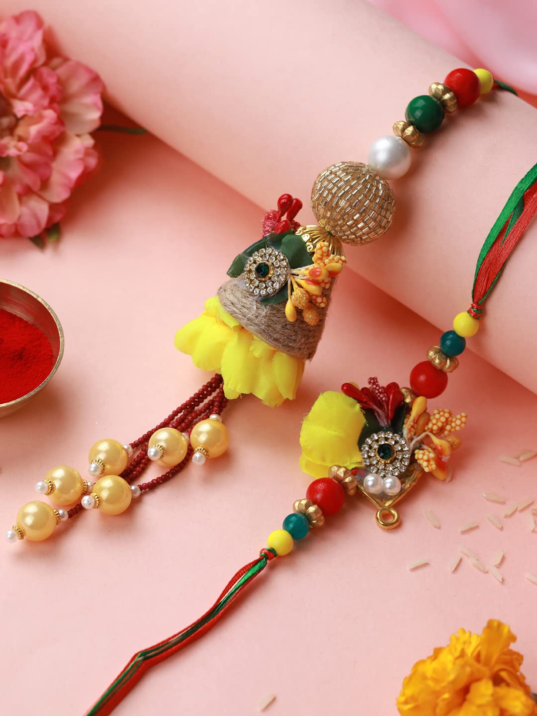 Priyaasi Rakshabandhan Yellow Flower Beaded Lamba and Rakhi Set with Roli Chawal, Greeting Card for Bhaiya-Bhabhi, Bhai, Brother, Men - Traditional Stylish Rakhi (Set of 2) - Image 6 thumbnail