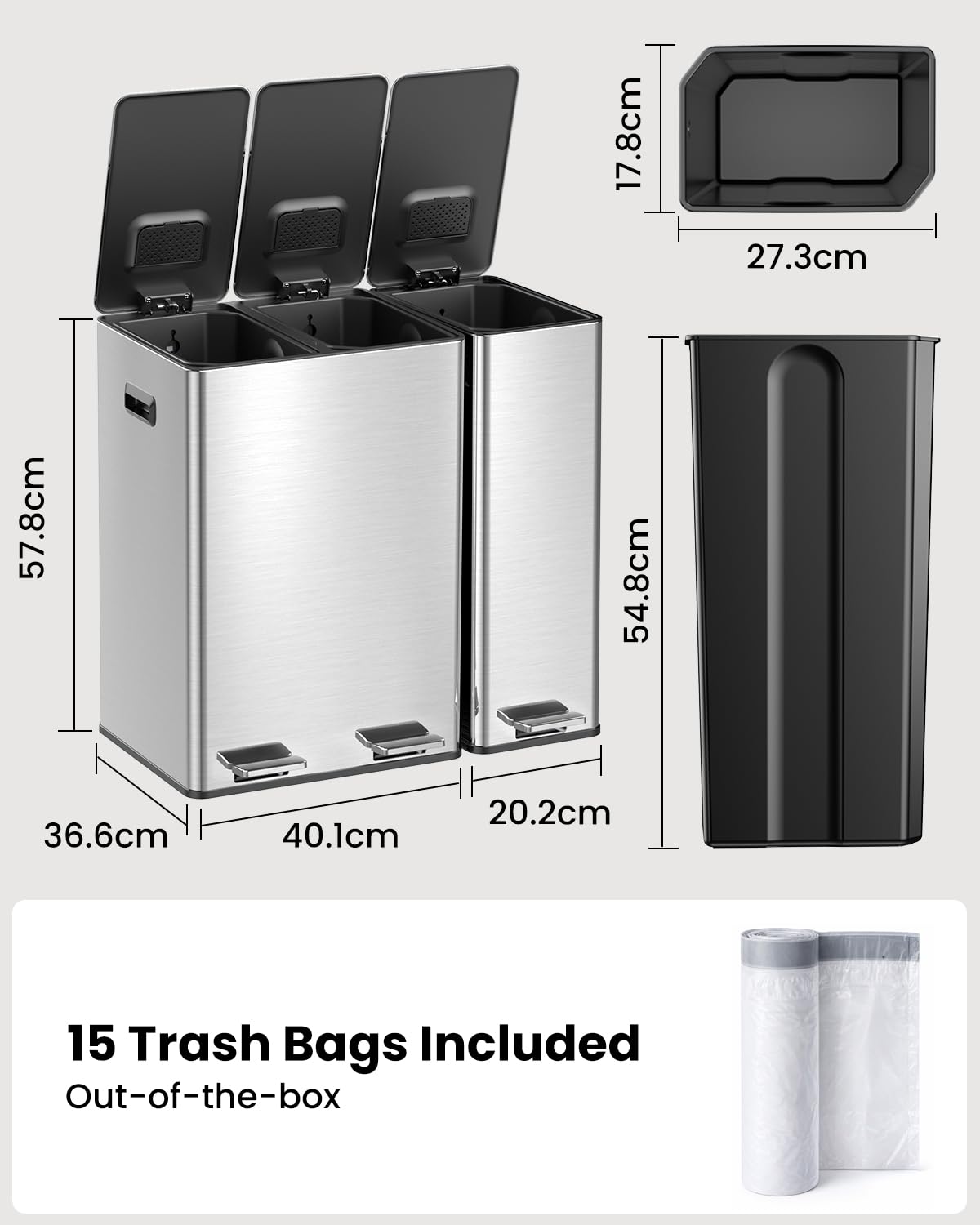 YEAUPE PRO Cubo de basura de cocina de 20 + 40 litros, cubo de basura de 3 compartimentos para reciclaje y residuos, tapas de cierre suave, pedales, cubos interiores, cubo de basura con pedal de acero