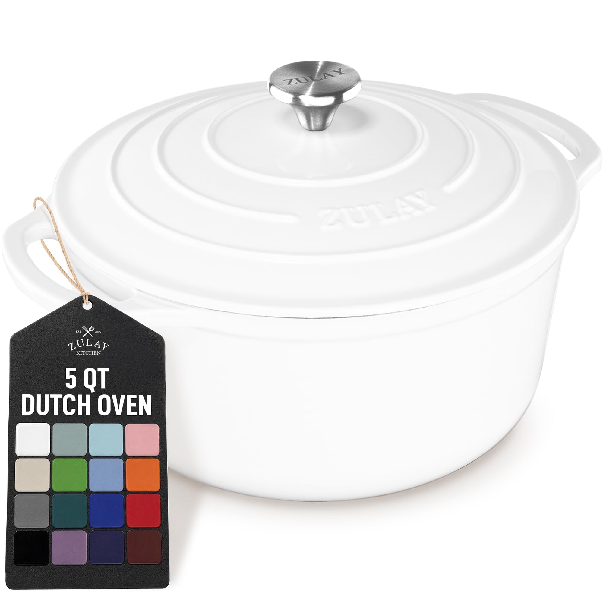 Zulay Kitchen 5 Quart Enameled Cast Iron Dutch Oven Pot with Lid – Premium Durability &amp; Oven Safe up to 500°F – Heavy Duty Cookware Perfect for Bread Baking, Stews, Braising &amp; Roasting – White
