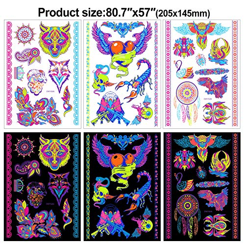 Howaf 8 Large Sheets Neon Temporary Tattoos, 100+ Shimmer Designs Glow Uv Neon Body Face Skin Tattoo Wolf Jewellery Tattoos Flash Fake Waterproof Tattoo Stickers For Women Men Girls Body Art #TOP1