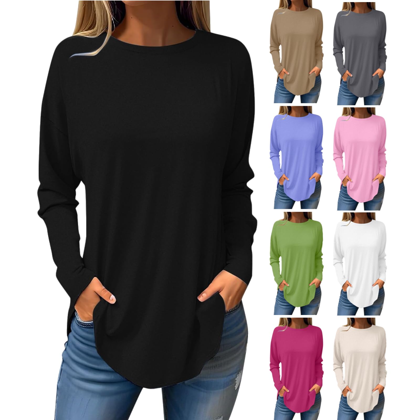 SbliodaWomens Tops Fall 2024 Long Sleeve Crew Neck Tunic Solid Color Loose Fit Tee Shirts Lightweight Casual Blouses