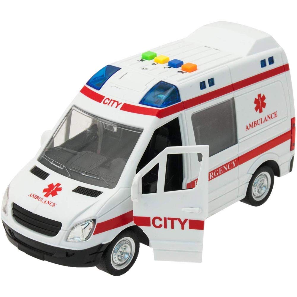 BAKAJI Ambulancia - Juguete para niños con Movimiento de Embrague, Sirena Que Funciona con Luces y Sonidos para Puertas Laterales y traseras Que se abren y se abren, camión Cuidado en Cada Detalle