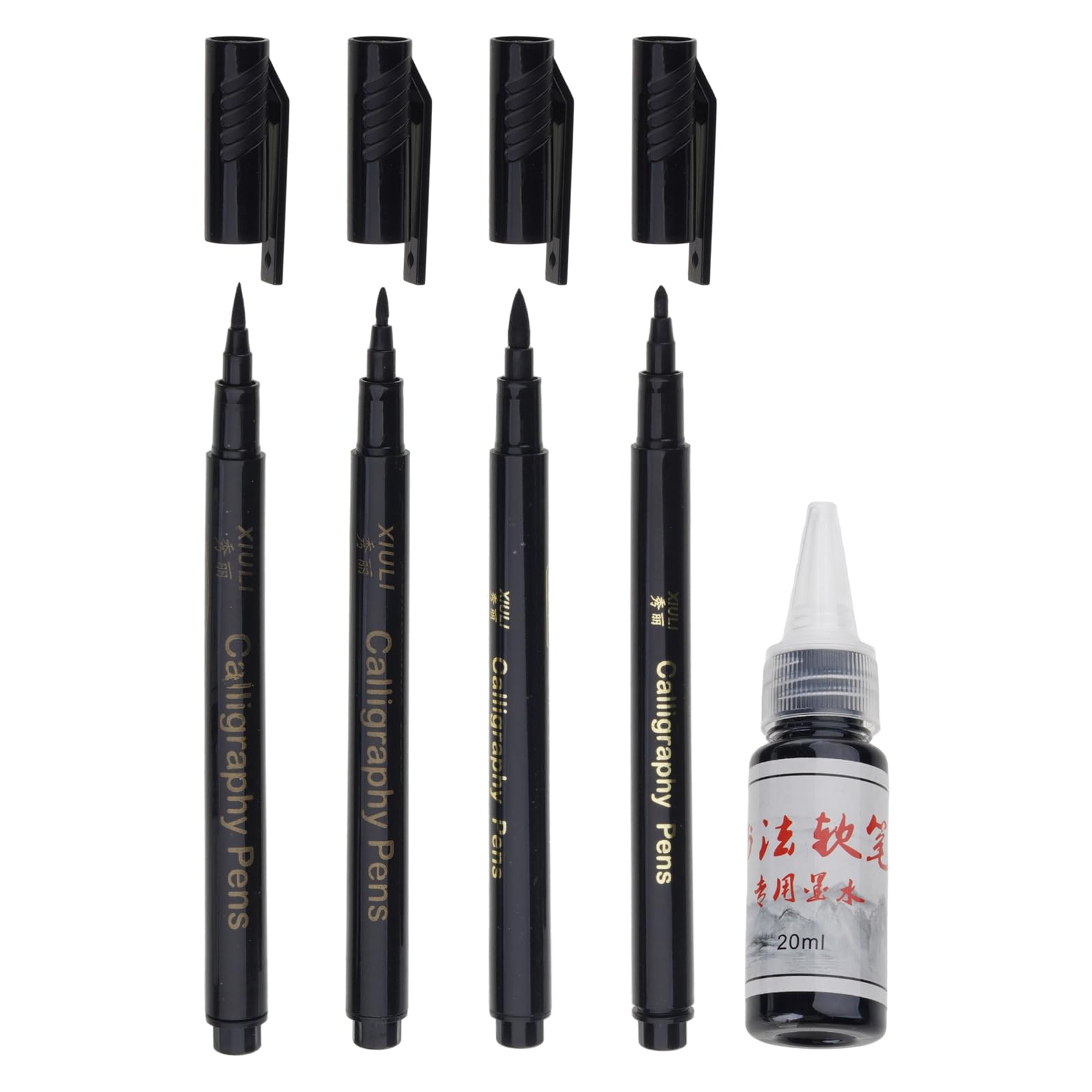 4Pcs Refillable Soft Grip Painting Pen Set Includes 25ML Black Inks for Handwriting Sketching Art Illustrastions Fine Tip Brush Pen