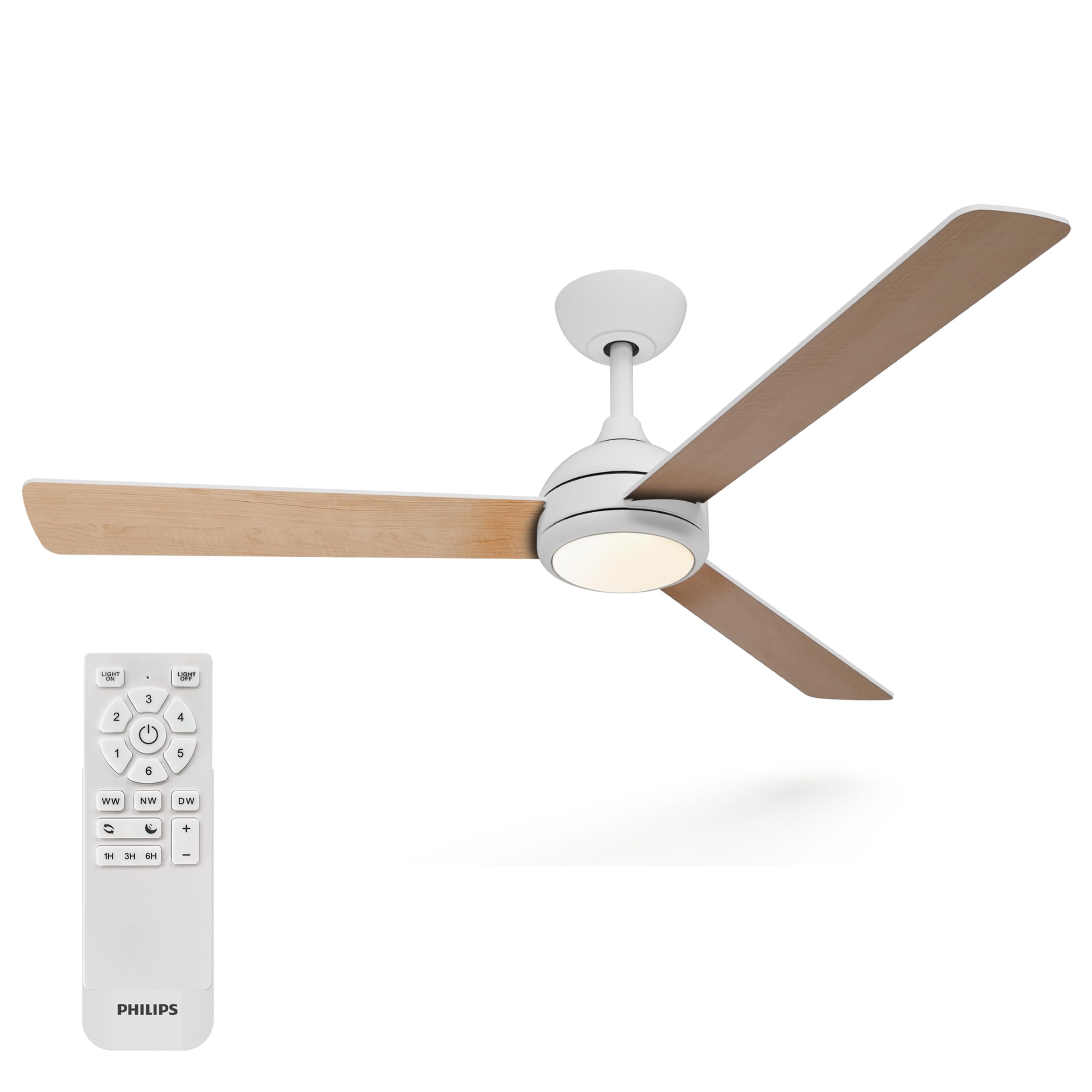 Philips Civx Deckenventilator mit LED-Beleuchtung, 3 Flügel, 132 cm Durchmesser, 2500 Lumen, drei Weißlichttöne (3000 K / 4500 K / 6500 K), dimmbar auf 10%, inklusive Fernbedienung, weiß/Holz