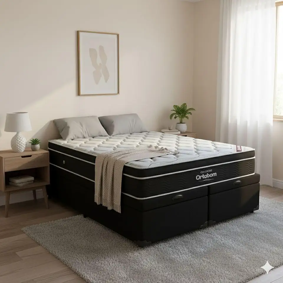 Cama Box Com Baú Queen Bipartido Corino + Colchão de Molas Ensacada Elegant - 158cmx1.98cm (Preto)