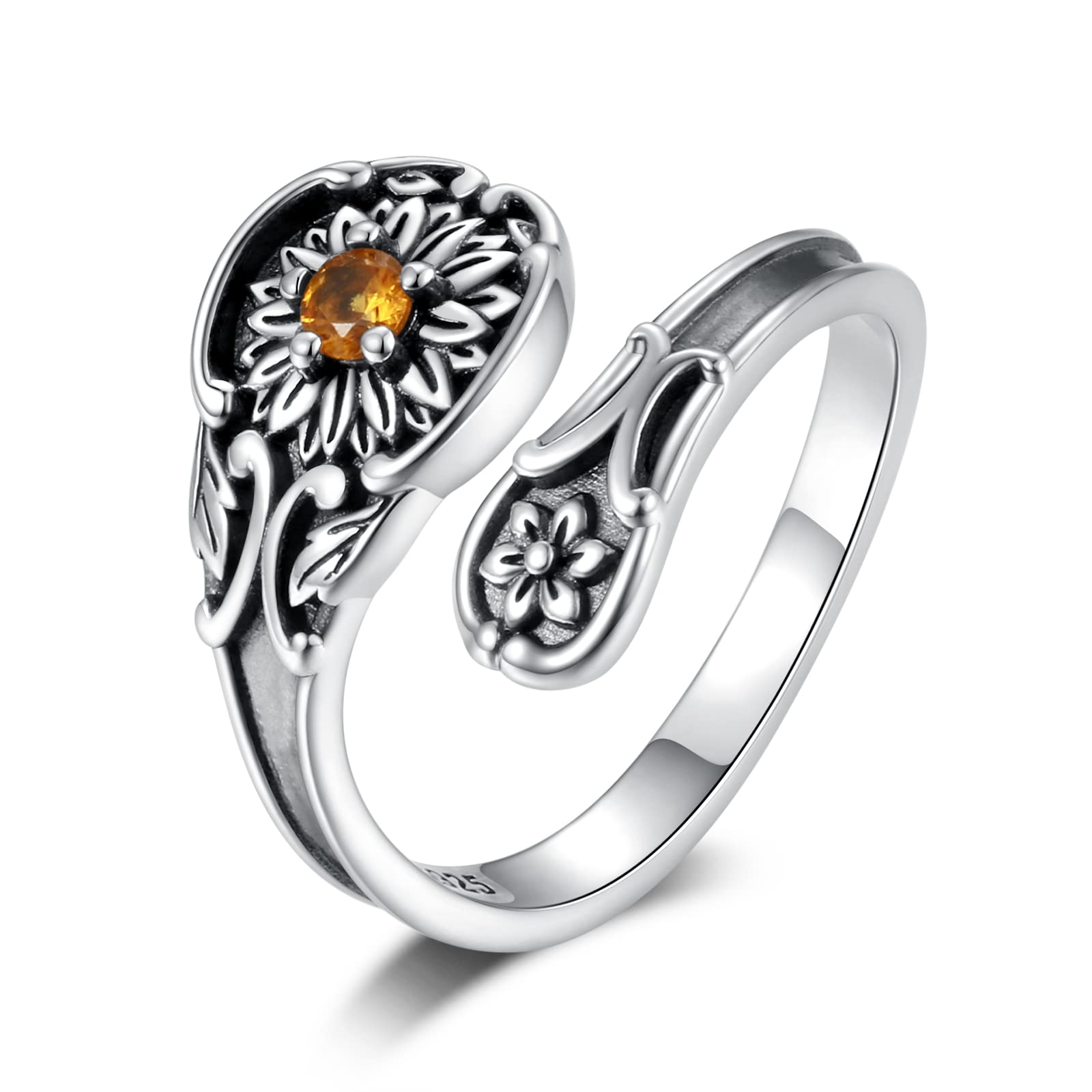 MANBU Sterling silver Spoon Ring for Women - Sunflower Bee Vintage Victorian Ring Engagement Promise Jewelry Gift for Women Wife Fiancee