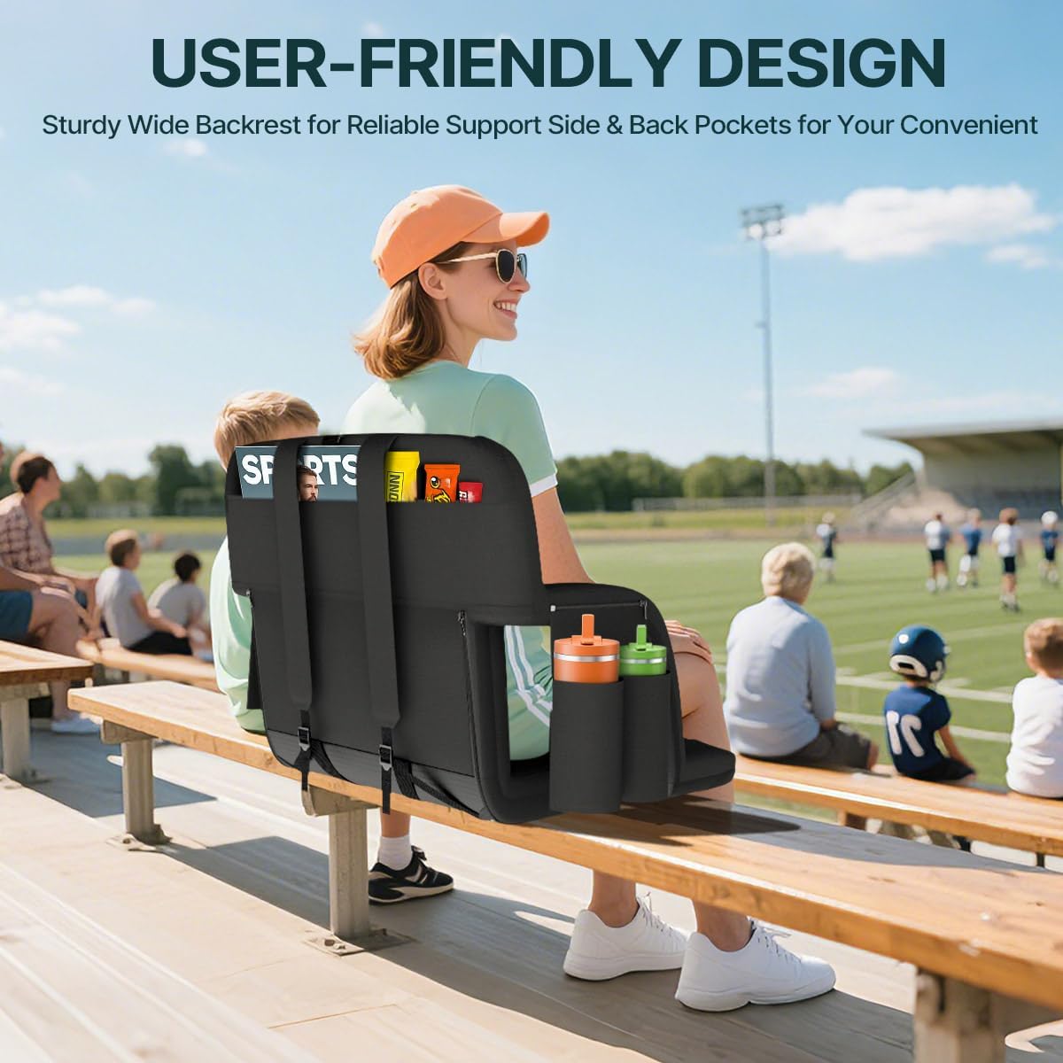 HOPERAN Stadium Seats for Bleachers with Back Support, Half-fold Portable Bleacher Chairs with Back and Cushion, 600D Waterproof Reclining Extra Wide Bleacher Seat for Outdoor Sports