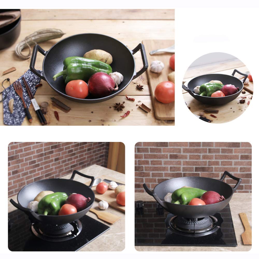 Cast Iron Wok Pan Wok Double Ear Non-Stick Pan Thickened Old-Fashioned Cast Iron Gas Cooker Universal Flat Household Uncoated,36cm