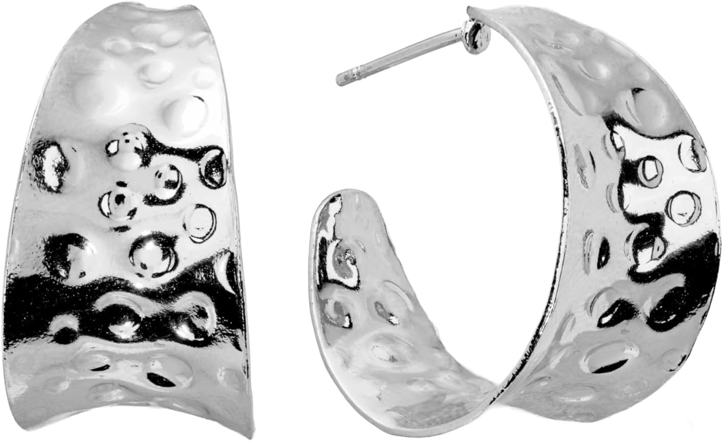 Amazon Essentials Fine Silver Plated 25mm X 13.7mm Medium Hammered Post Hoop Earrings