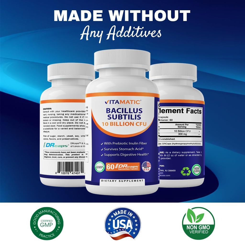 Vitamatic Bacillus Subtilis 10 Billion per DR Capsule - 60 Count - Digestive, Gut & Immune Health Support - Made with Prebiotic Inulin Fiber (Pack of 2)