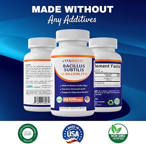 Miniatura 6 de Vitamatic Bacillus Subtilis 10 mil millones por cápsula DR  60 unidades  Apoyo digestivo, intestinal e inmunitario  Fabricado con fibra de inulina