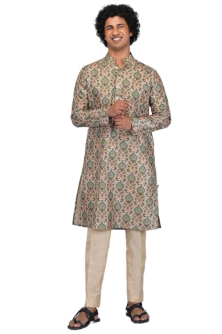 Lookmark Men's Cotton Blend Printed Long Kurta Suitable For All Indian Wedding, Occasions, And Festivals (Az-Lm-Og-Kurta 17-Xxl) Green