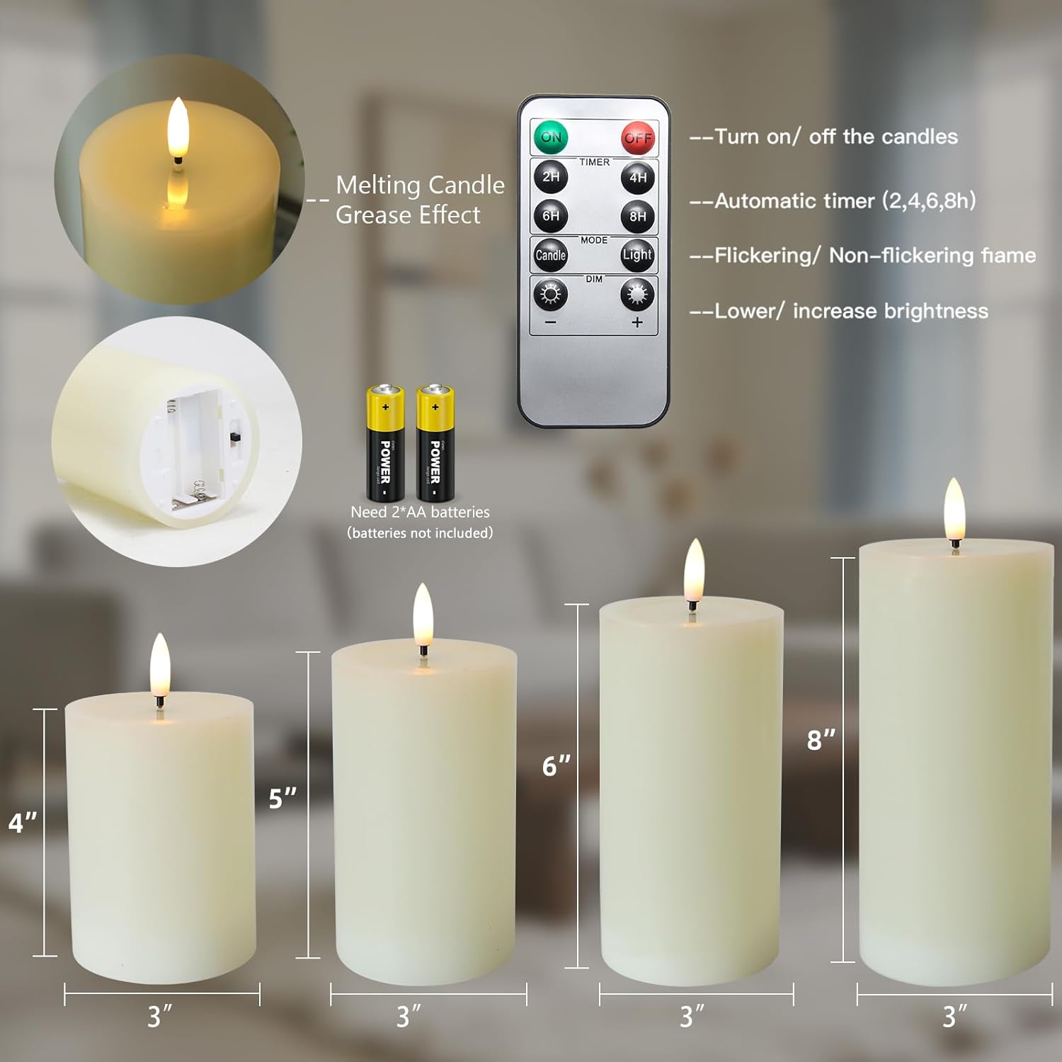 Lezonic Ivory LED Flameless Candles with Remote Timer, 4 Pack Battery Operated Candles Flickering, Grease Design Real Wax Pillar for Wedding Decor, Centerpiece, Birthday Gifts (4/5/6/8 Inch)