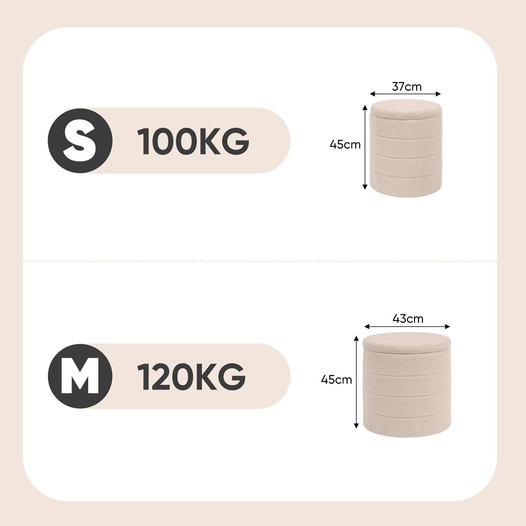 Bonlife Tabouret de Rangement, Rond Pouf Pliable, Coffre de Rangement, pour Salon, Chambre, Dortoir, Charge jusqu'à 120 kg, Beige, 37x37x45 cm