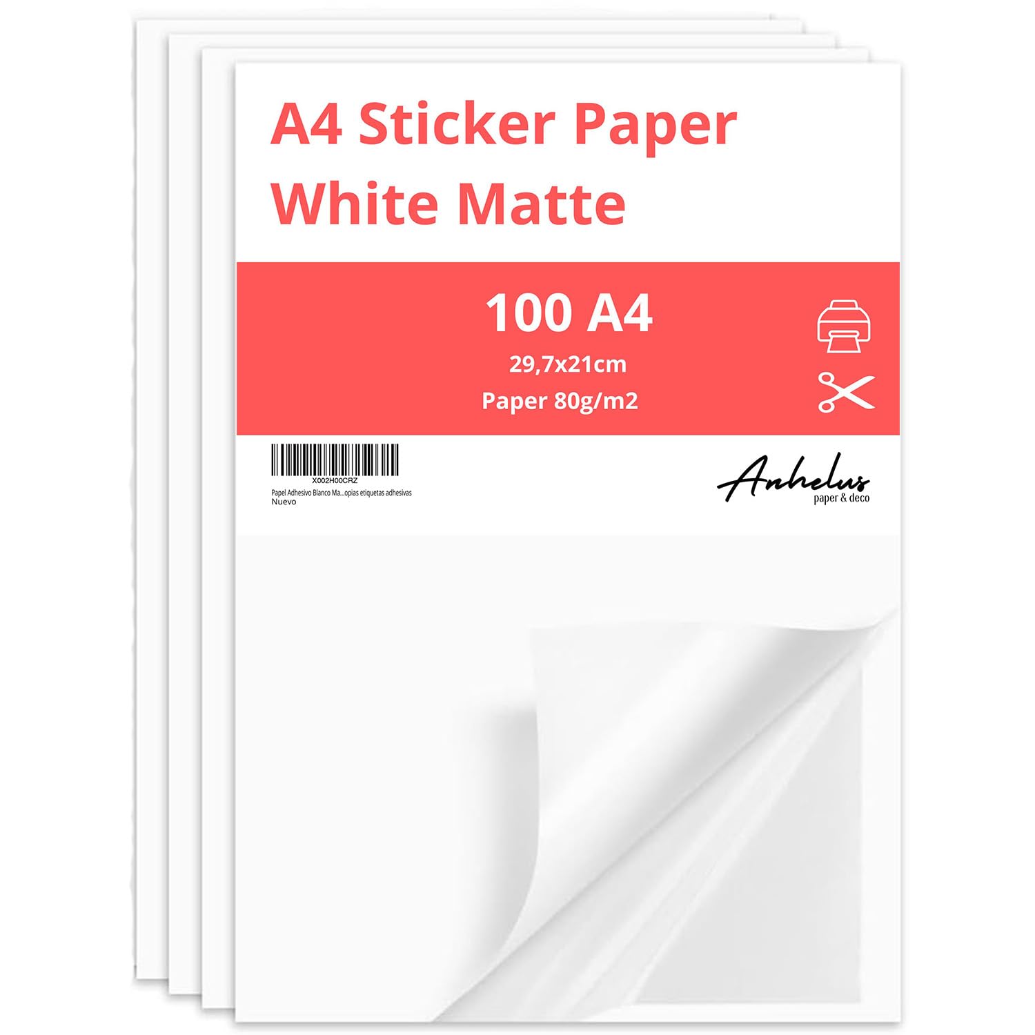 Sticker Paper for Printer A4 | 100 Sheets | White Matte self Adhesive Paper | Printer Labels A4-21x29,7cm | Compatible with Inkjet and Laser Printers | Ideal for DIY, Crafts and Label Making
