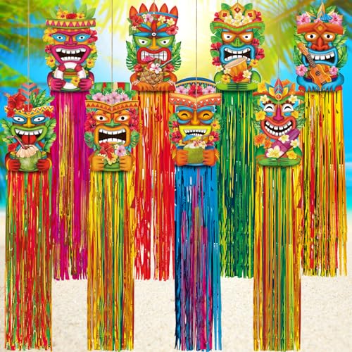 Image of Affrolling 8 Pcs Hawaiian Luau Party Decoration Tiki Totem Hanging Decorations with Tassels for Aloha Hawaii Luau Tropical Birthday Party Supplies 3.3 ft Outdoor Summer Tiki Door Banner Sign Decor