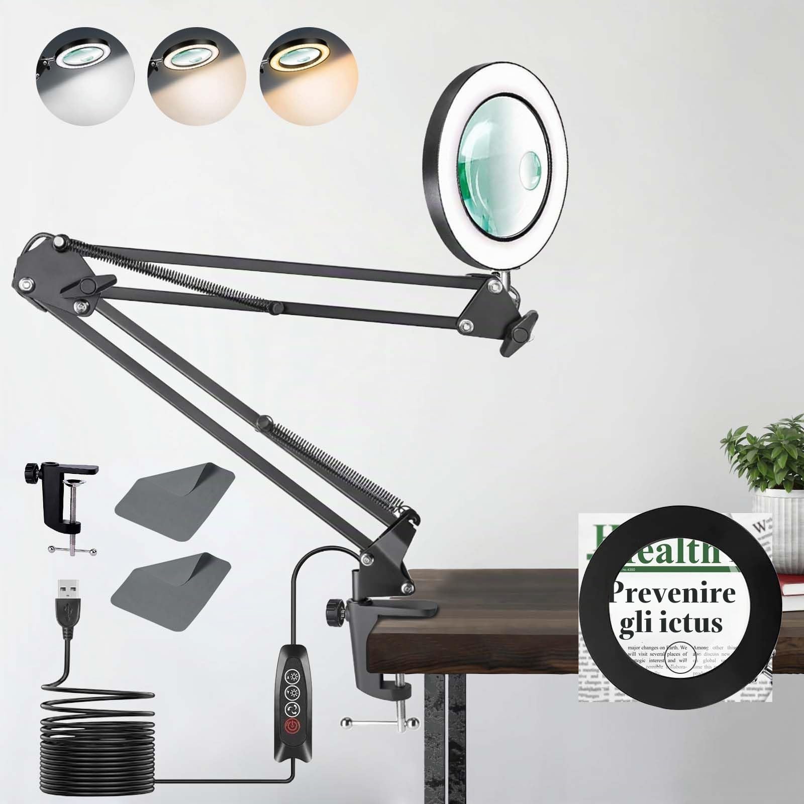 ZABOUL Lente d'ingrandimento con luce, 10 x 15 x lampada con morsetto telecomando, braccio regolabile lampada con lente d'ingrandimento cosmetica con 3 modalità di colori e dimmerabile