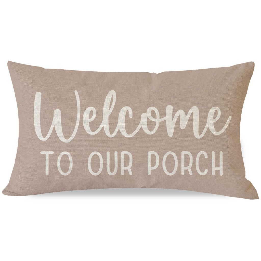 PANDICORN Decorative Throw Pillow Covers 12x20 Inch Welcome to Our Porch Beige Outdoor Rustic Farmhouse Lumbar Pillow Decorative Throw Pillows Cases