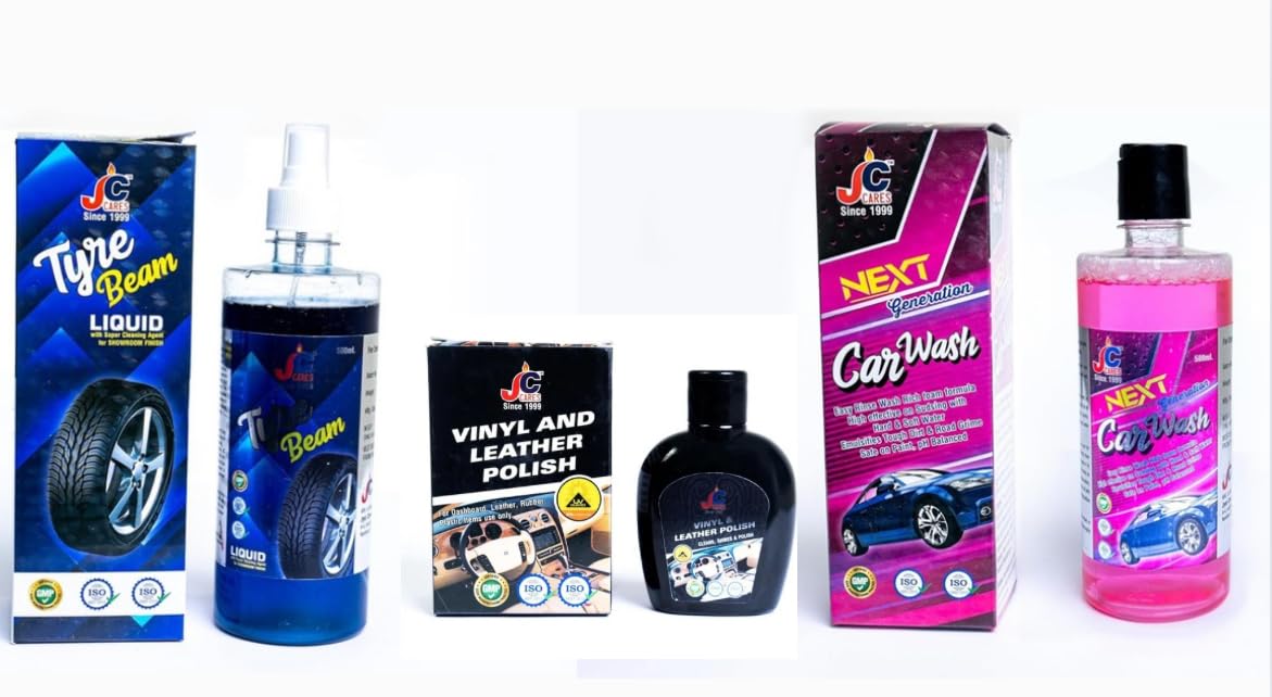 Jc cares car/bike cleaning kit Pack of 4 (Dashboard polish 125ml, shampoo 500ml, tyre polish 500ml) with free micro fibre cloth worth 149/- Rs.-image-27