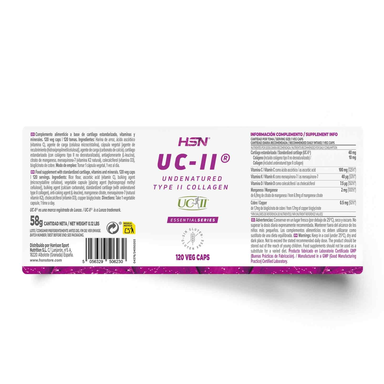 HSN UC-II® 40mg Colágeno Tipo II No Desnaturalizado | 120 Cápsulas Vegetales | Cartílago Natural de Pollo | Vitaminas (D3 K2 C) y Minerales (Manganeso Cobre) | No-GMO, Sin Gluten