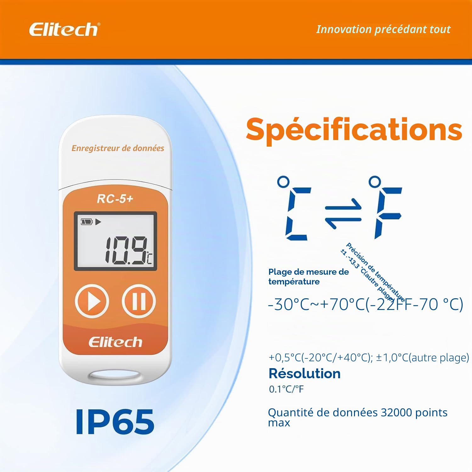 Elitech Enregistreur de Température USB RC-5+ Lot de 10 Mini Enregistreur de Données 32000 Thermomètre Numérique Rapport PDF CSV Auto Alarme