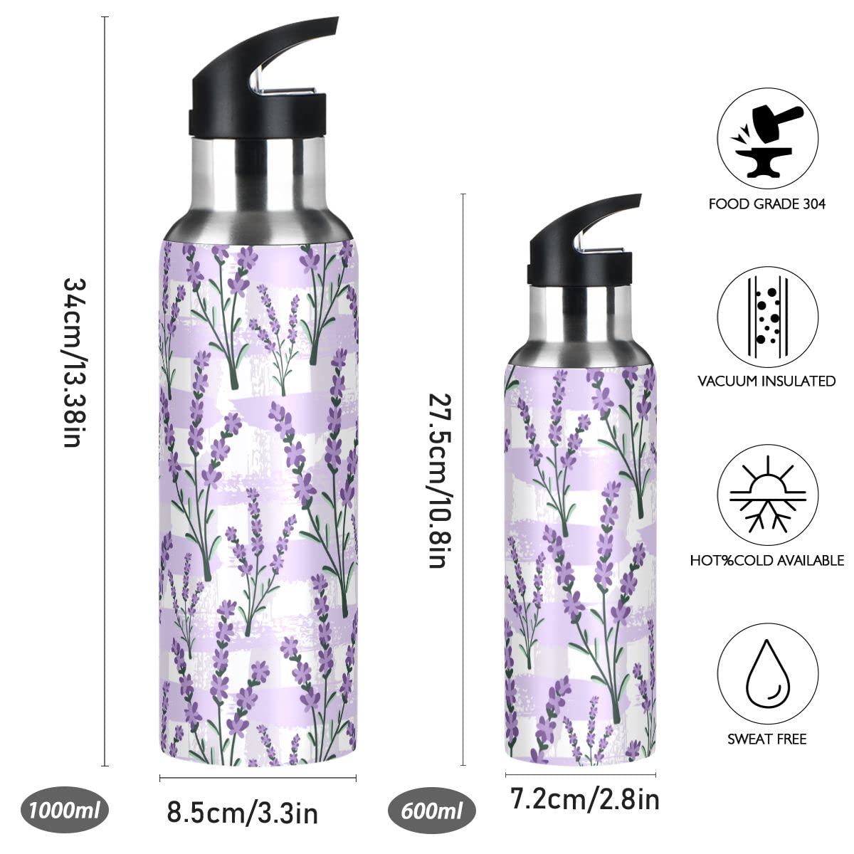 Edelstahl Wasserflasche mit Strohhalm, Retro Lila Lavendel Isolierte Trinkflasche Sport Wasserflasche für Kinder Erwachsene, auslaufsicher, 1L