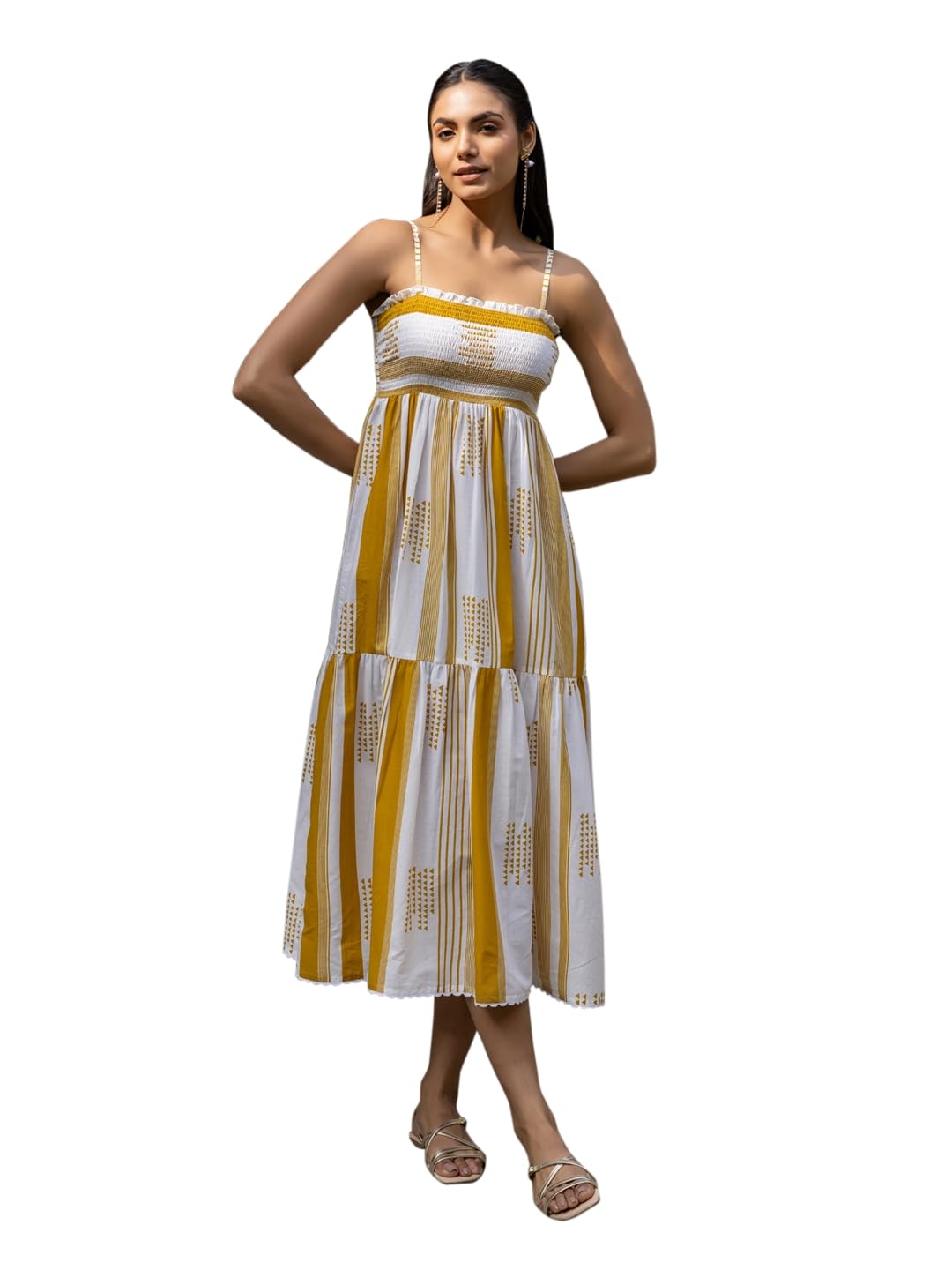 FIORRA Women Fit & Flare Mustard Striped Cotton Midi Dress