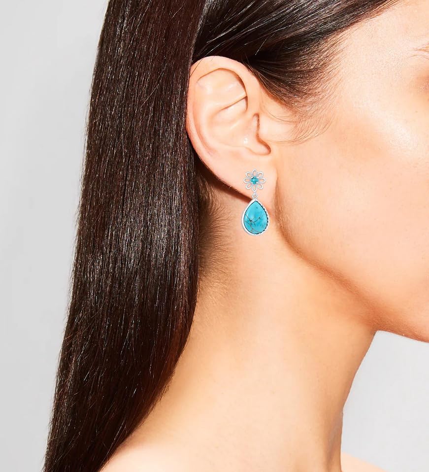 Genuine Turquoise Dangle Daisy Earrings for Women, Sterling Silver Vintage Native American Western Jewelry Teardrop Earrings4