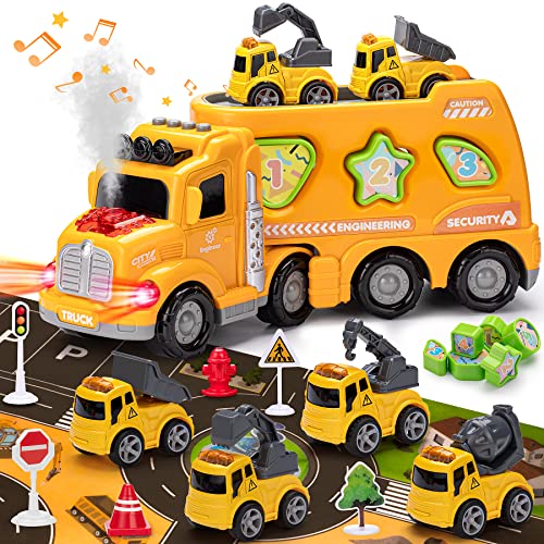 OR OR TU Camión de Transporte Juguetes para Niños 5 IN 1 Rociar Vehículo de Transporte Camión Juguete,Cognición de Forma,Musica y Luces,4 Mini Camións,Tapete de Juego,Regalo 3 4 5 6+ Años