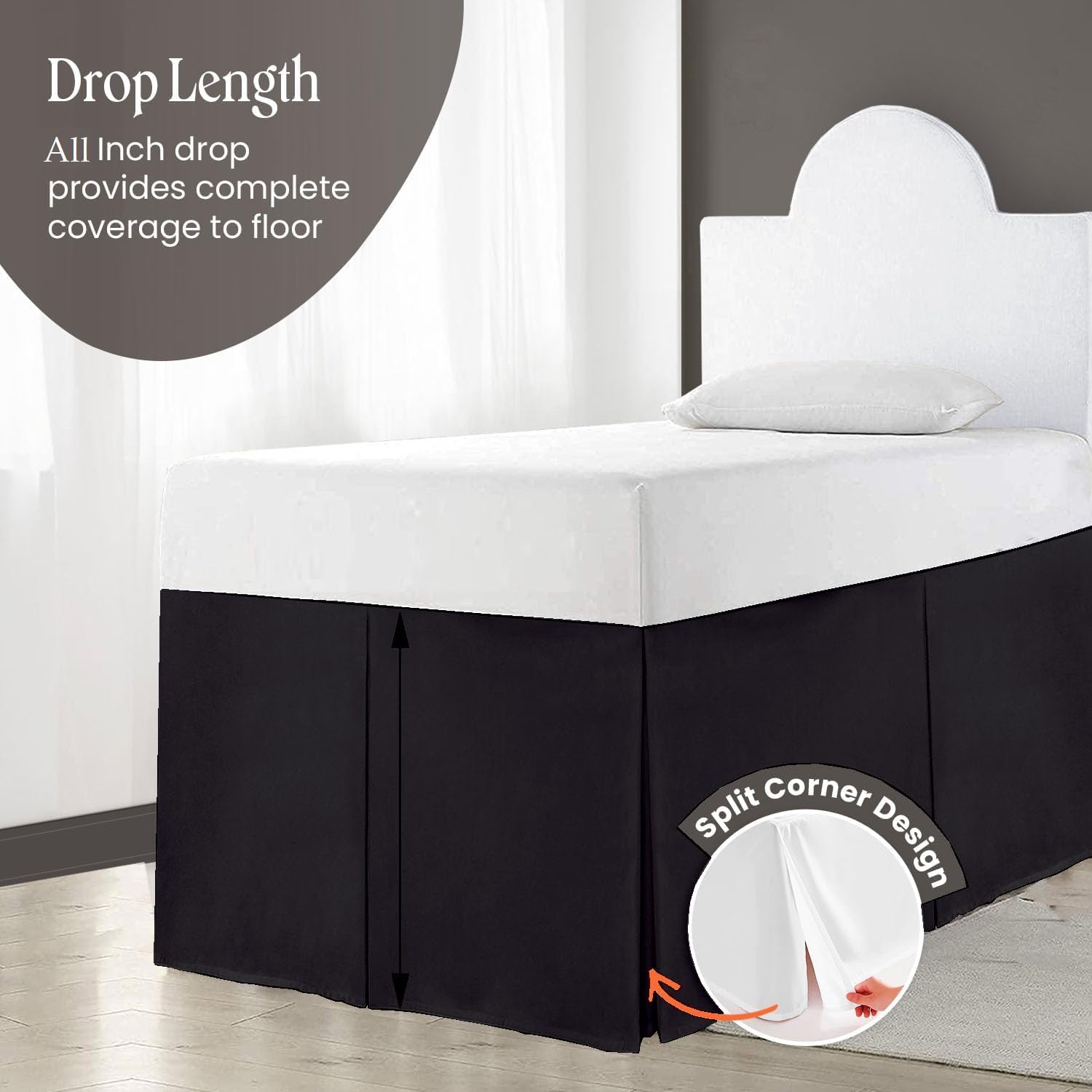 Crown Collection 34 Inch Drop Twin XL Size Dorm Bed Solid Bed Skirt Stylish Split Corner & Box Plated Split Corner Easy Fit Easy Care Fade & Wrinkle Resistant- Micorfiber