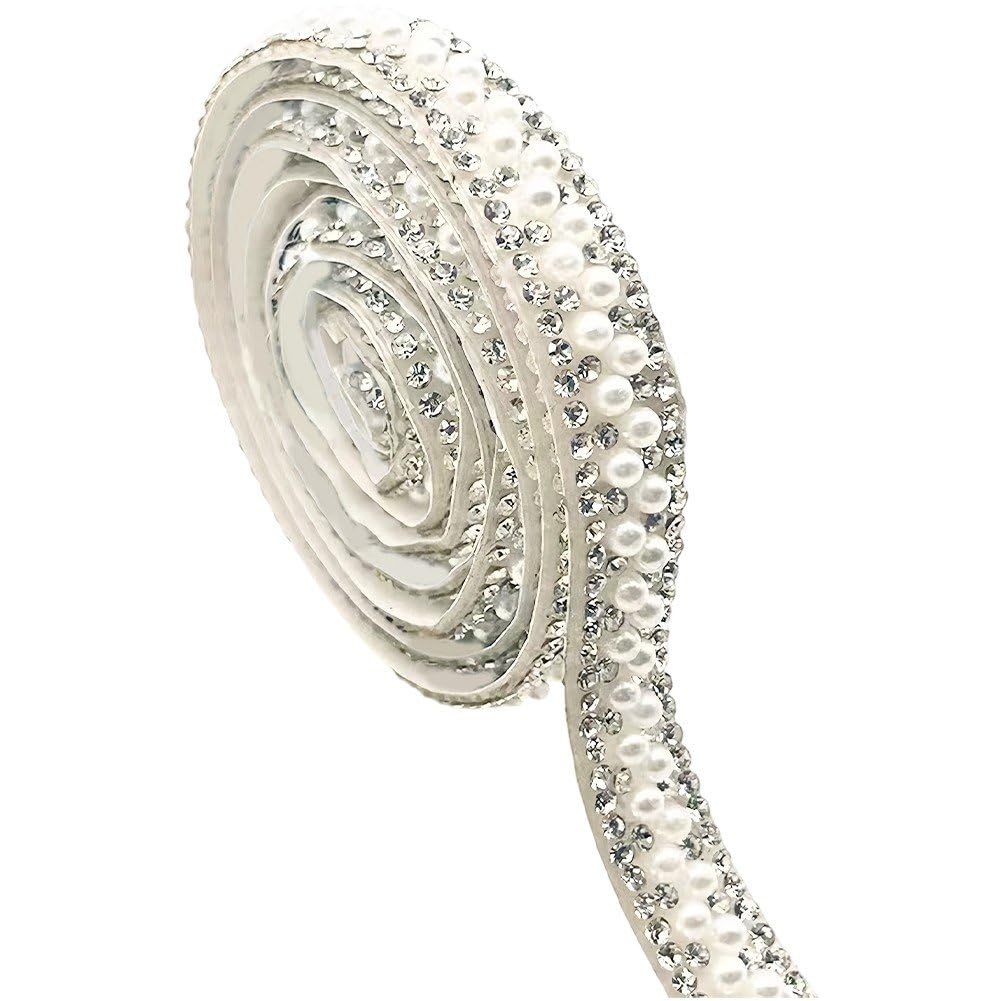 Ppmter Pearl Ribbon, Pearl Rhinestone Ribbon, Crystal Pearl Strips Tape Bling Pearl Trim for Crafts Diy Wedding Birthday Party Decor