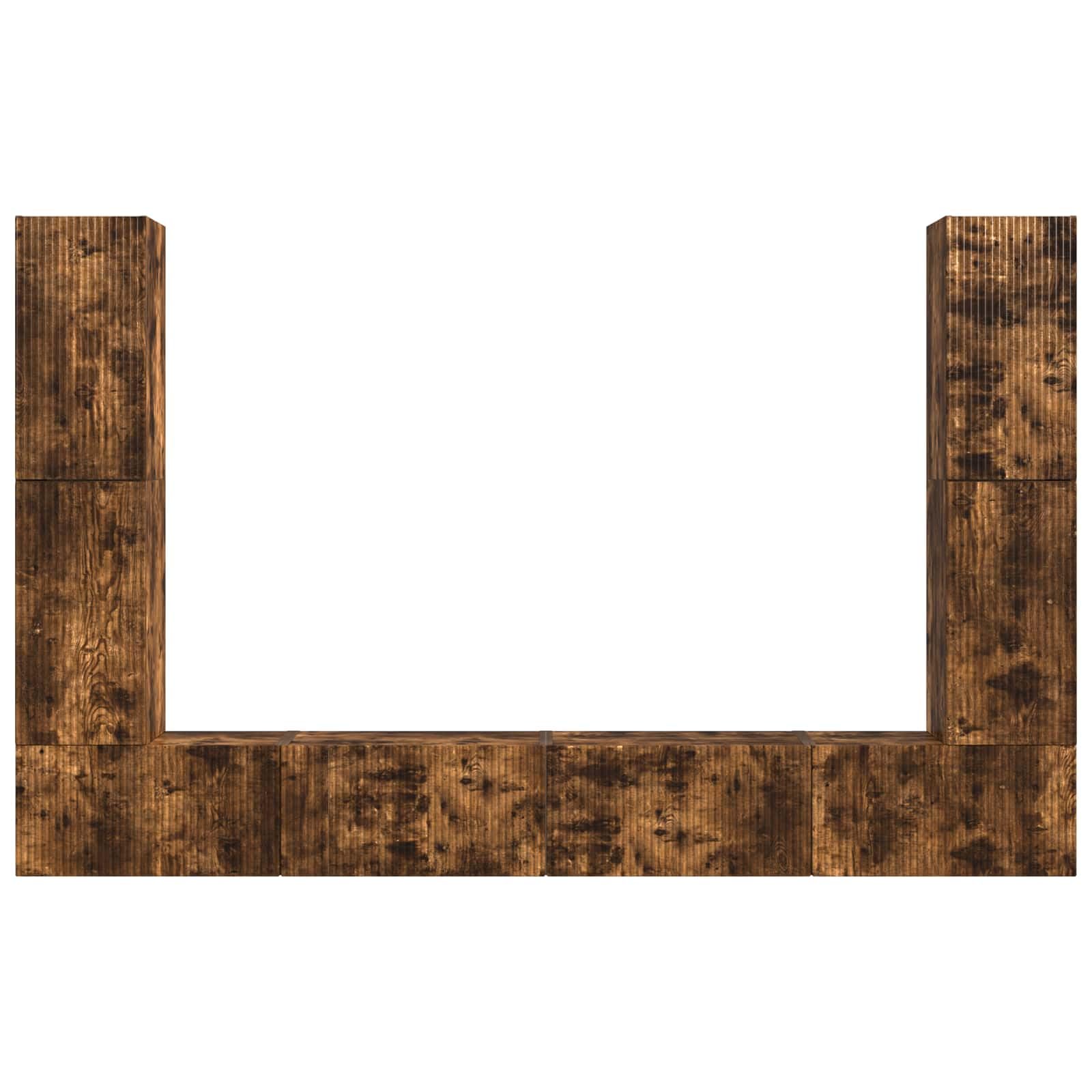 8-TLG. TV-Schrankset Wohnwand aus Holzwerkstoff, Geräucherte Eiche, Modernes Media-Center für Wohnzimmer, Wandregal-Set mit Stauraum für TV, Technik und Deko, 31x30x60cm & 60x31x29,5cm