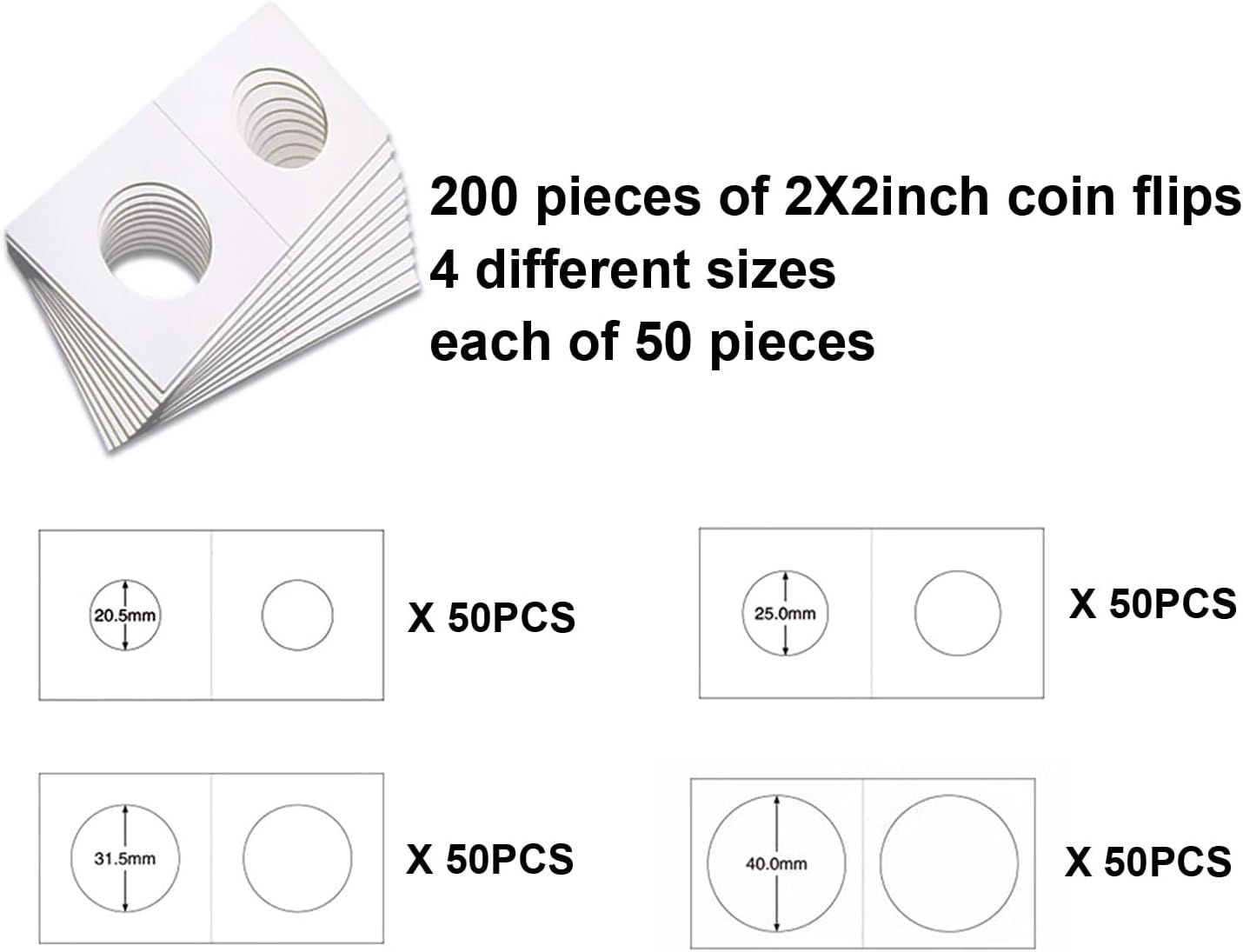 4 Pack 200pcs Cardboard Coin Holders Flip 2 x 2 Coin Flips for Coin Collection in 4 Sizes, Currency Holders for Coin Collection Supplies