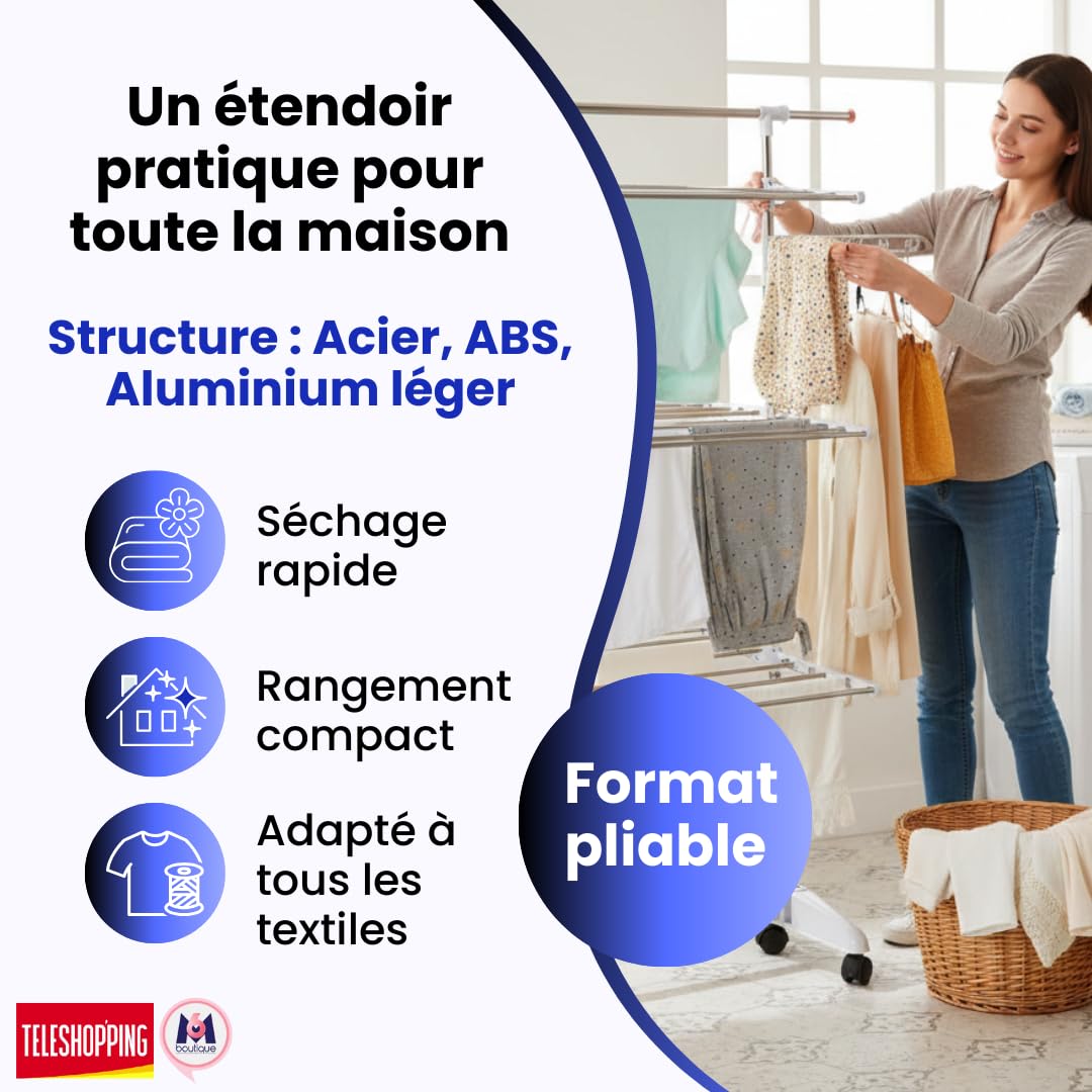 Téléshopping - Sechoir Linge Innovation Deluxe 22m | 6 Plateaux Réglables + 1 Barre Extensible | Etendoir Linge Capacité 25kg | 36 Crochets + 2 Porte-Cintres | Roulettes & Structure Acier Pliable