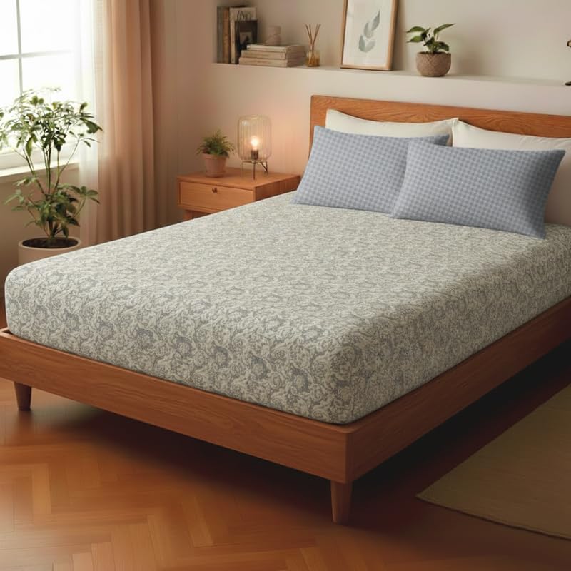 Image of Utopia Bedding Poly Cotton Floral Double Size Bedsheet Set with Bedsheet & 2 Pillow Covers, Ultra Soft Cotton(Grey) 228x245 CM