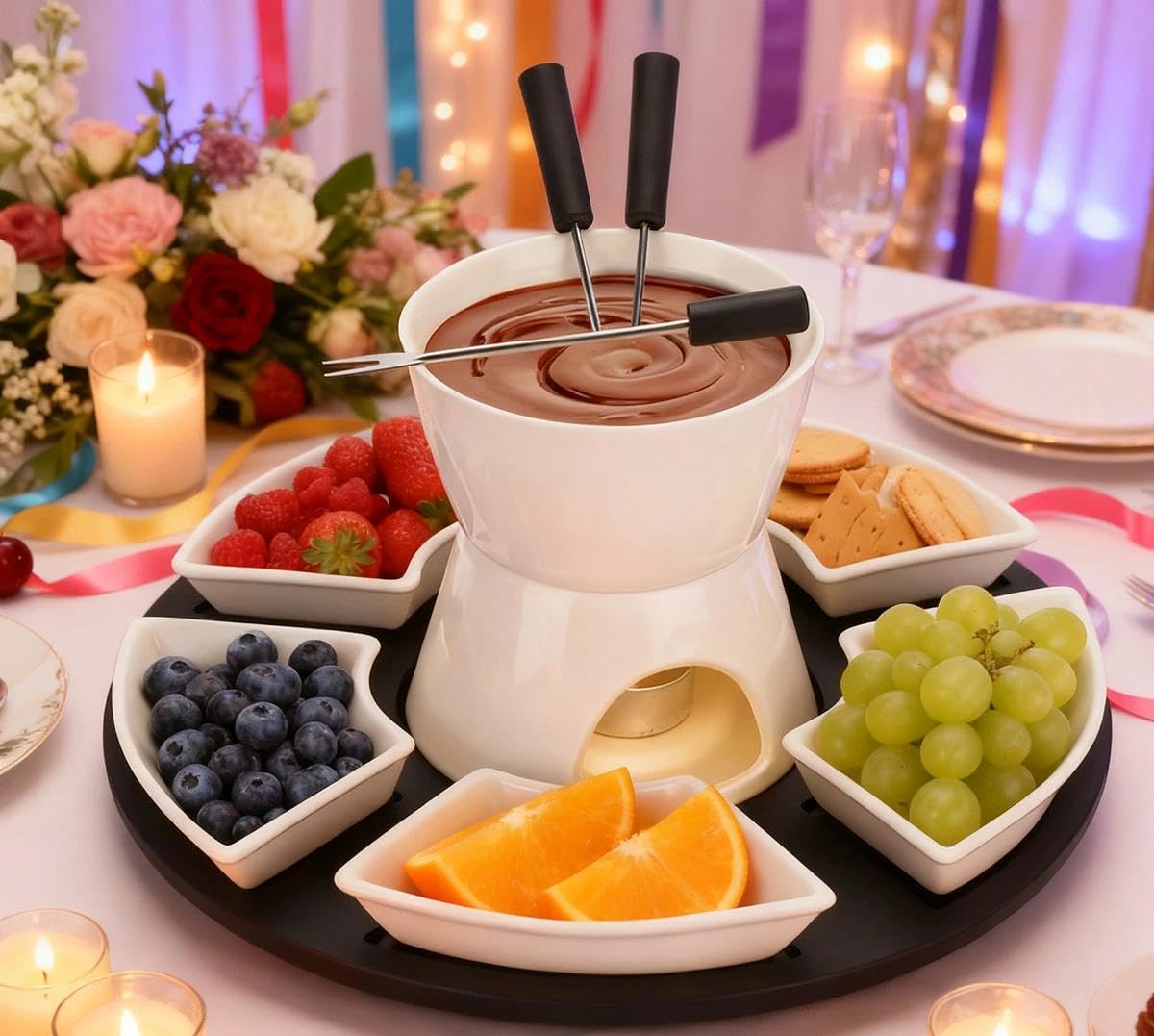 Ceramiczny zestaw do fondue czekoladowego, 300 ml, czekoladowe fondue z 4 talerzami ceramicznymi i 4 widelcami, do sera, fondue, rodzinnych obiadów, deserów, pikników, biały