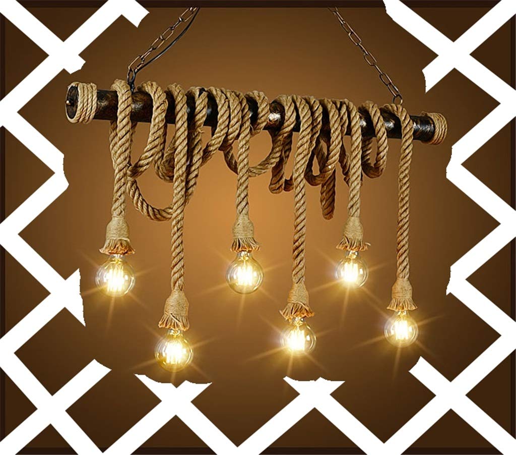 Hemp rope pendant light retro vintage rope light rope lights chandelier round hanging pendant lamp, height adjustable E27 industrial pendant lamp, hand-woven ceiling light lighting (6 bulbs)