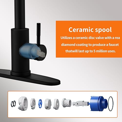 Miniatura 5 de Grifo de cocina negro con rociador extraíble, placa de fregadero de una sola manija de arco alto, grifos comerciales modernos de acero inoxidable