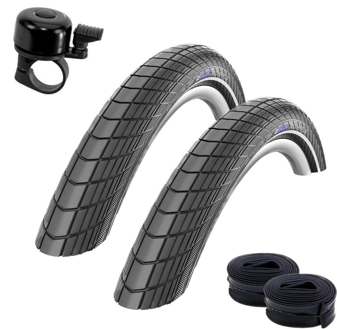 2 x Schwalbe Big Apple RaceGuard Fahrradreifen E-25 Fahrradmantel Decke mit Reflexstreifen 50-559 (26 x 2.00) + 2 Schwalbe AV13 Schläuche inkl. Fahrradklingel