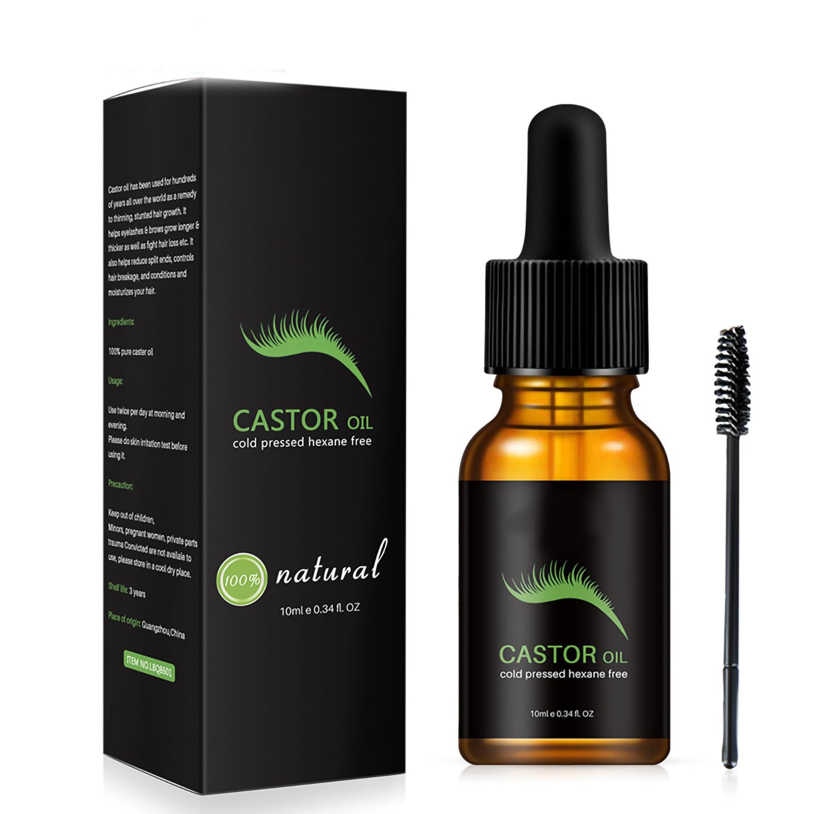 Aceite de Ricino Cosmético (10 ml), 100%, Prensado en Frío, sin Hexano Estimula el Crecimiento de Pestañas, Cejas y cabello. Kit Básico de Tratamiento Capilar y Humectante (Como
