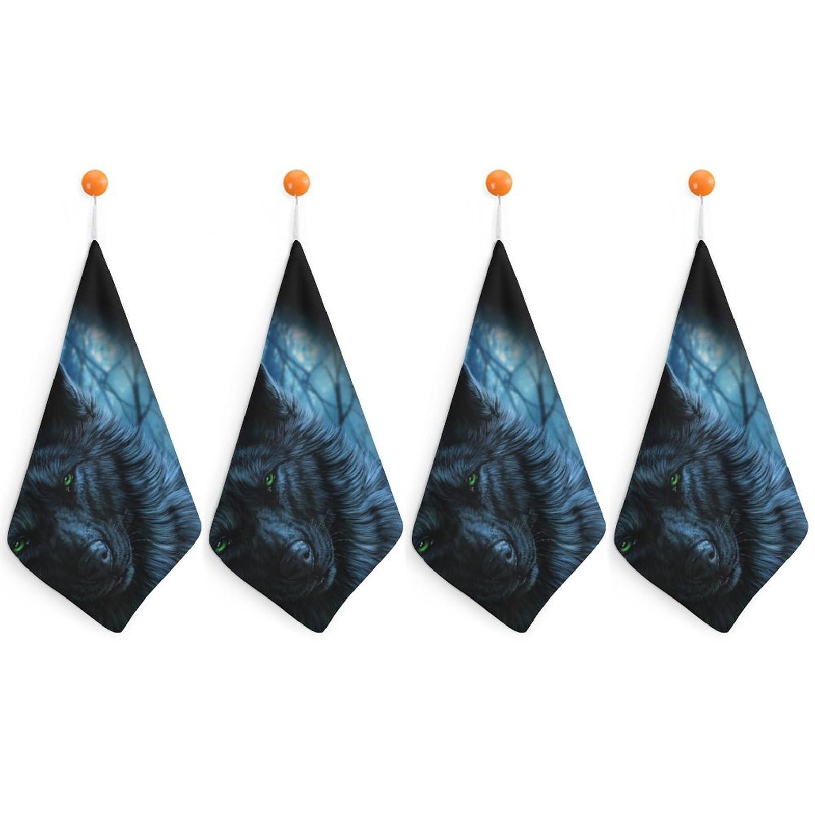 LEDFCVSU 4 Piece Hanging Hand Towels, Green Eyed Wolf Small Dry Hand Towel for Kitchen Bathroom