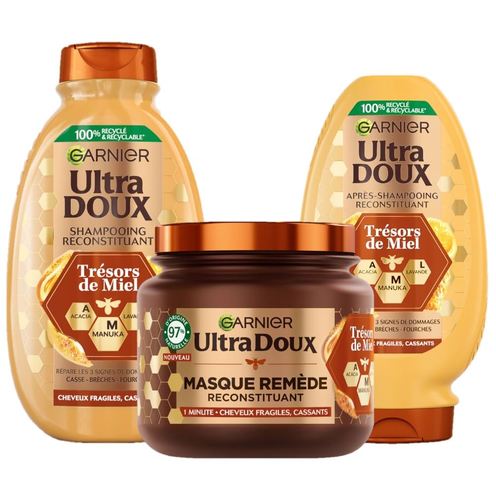 Garnier Ultra Doux Trésors de Miel - Routine Capillaire Reconstituante - Shampooing, Après-Shampooing & Masque - À la Cire d'Abeille & Au Miel d'Acacia - Pour Cheveux Fragiles & Cassants