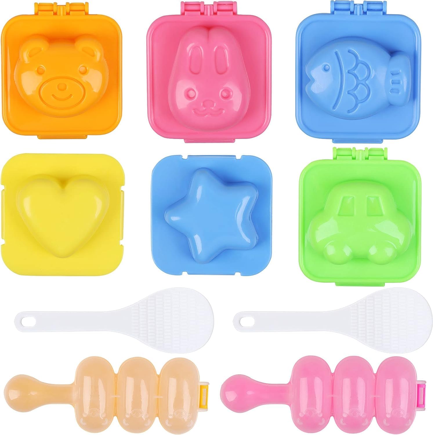 10 PCS Rice Ball Maker Set - Non-Stick Mold for Egg Sushi - Includes 2 Shakers and 6 Animal Boiled Egg Molds for Beginners and Kids