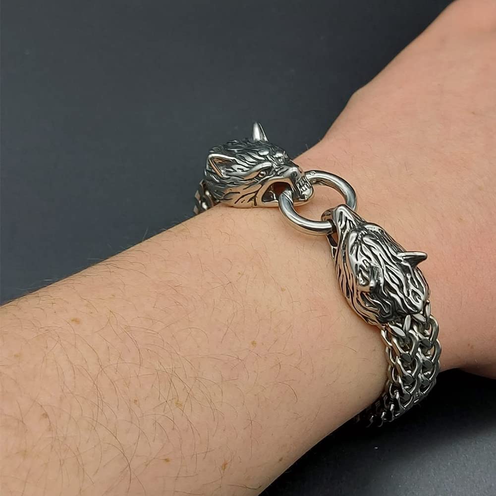Nordic Mythology Silver 3D Wolf Head Bracelet, Men's Stainless Steel Viking Odin Wolf Fenrir Skull Bracelet Vintage Amulet Jewelry Gifts with Wooden Box,19cm