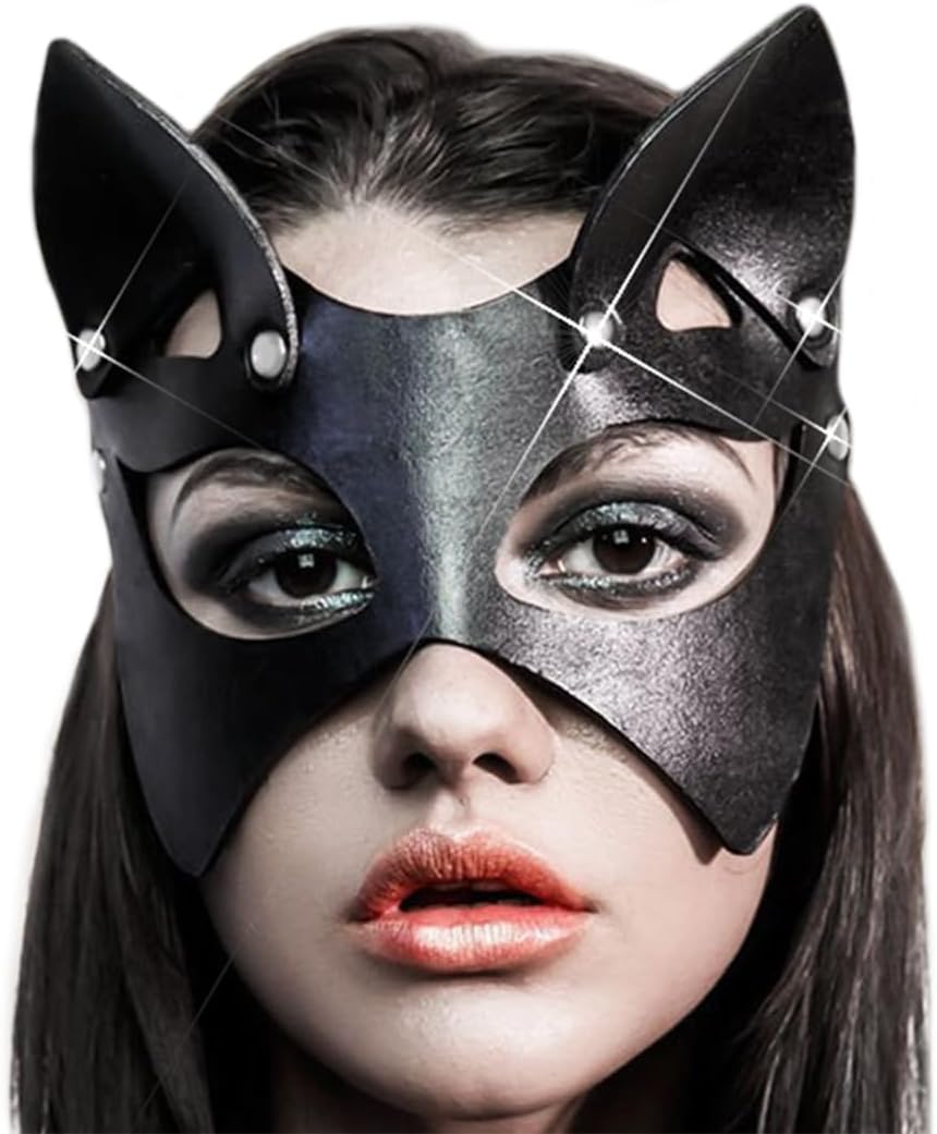 BODIY Leather Cat Mask Black Halloween Masquerade Masks Costume Eye Accessory for Women